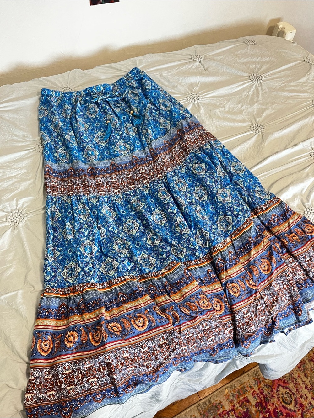 Boho Blue Printed Tiered Maxi Skirt